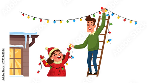 Festive Collaboration: A father and daughter, full of holiday spirit, work together to decorate a home with twinkling lights. A heartwarming scene of family bonding and festive cheer.