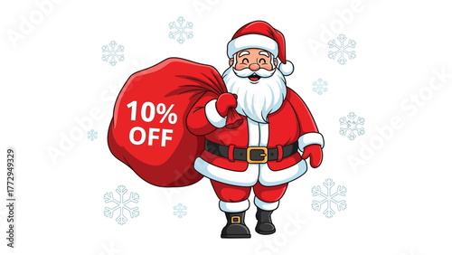 Santa's Festive Gift of Savings: cheerful and round-bellied Santa, smiles broadly as he carries a sack brimming with surprises, offering a delightful 10% off promotion.