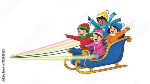 Whimsical Sleigh Ride: Joyful children embark on a magical sleigh ride, their colorful attire and beaming smiles set against a whimsical trail of rainbow. 
