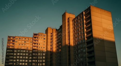 Urban Sunrise - Towering Buildings Bathed in Golden Light.