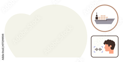 Cargo ship carrying goods in ocean, human profile with sound wave recognition. Ideal for logistics, global trade, AI technology, innovation, speech recognition, shipping, simple flat metaphor