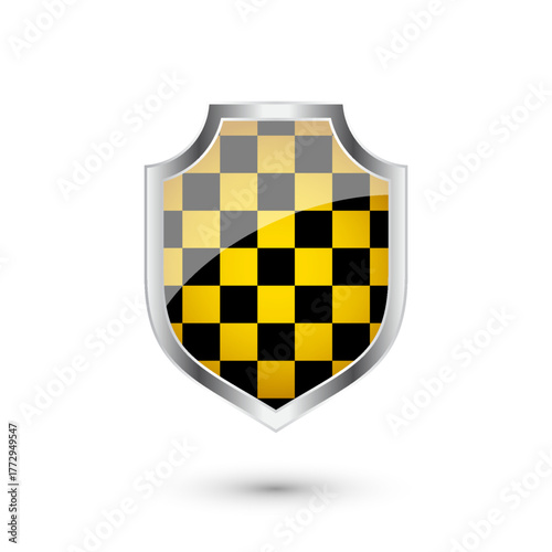 Glossy shield with yellow and black pattern. Security and protection concept. Cyber safety icons, internet privacy, web defense, digital data protection and antivirus themes. Vector illustration