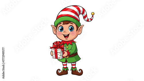 The Joyful Elf: A delightful illustration of a cheerful elf holding a beautifully wrapped present, ready to bring festive cheer and the spirit of giving.