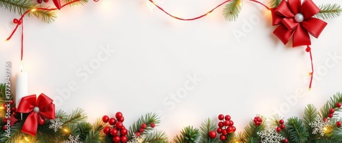 Festlicher Rahmen aus Tannenzweigen roten Schleifen Beeren und Lichterkette als weihnachtliches Banner Generative KI