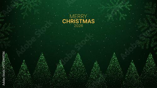 Green christmas vector background with dotted snowflakes and trees. Merry Christmas 2026 winter holiday season greeting card design.