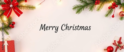 Weihnachtliches Banner mit Schriftzug Merry Christmas umrahmt von Tannenzweigen roten Schleifen und Geschenken Generative KI