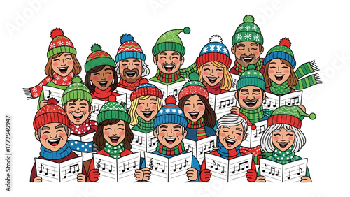 Joyful Chorus: A radiant ensemble of carolers, their faces alight with cheer, their voices harmonizing in a heartwarming chorus. A symphony of festive spirit and the sweet songs of season.
