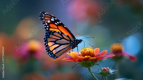 Monarch butterfly perched on bright pink flower in natural garden sunlight