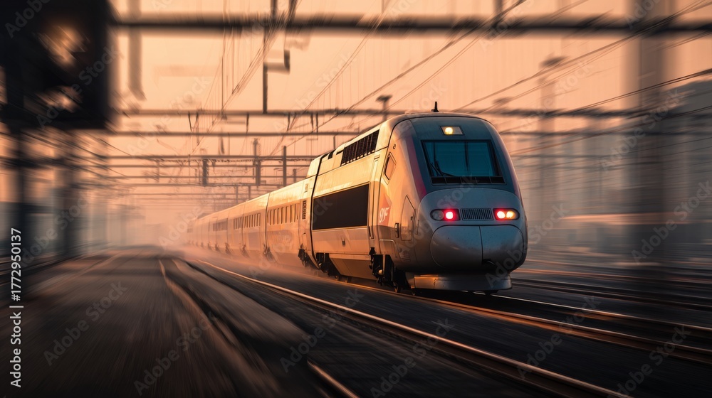 Fototapeta premium High-Speed Train Approaching Station at Dawn with Motion Blur and Warm Colors Capturing the Essence of Modern Rail Travel in Urban Environment