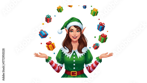 Enchanting Elf's Festive Gift Circle: A charming illustration captures the whimsical spirit of the season, showcasing a graceful elf encircled by a joyous display of colorful gifts.