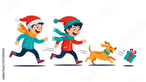 Joyful Christmas Run: Two children, bundled in warm winter attire, joyfully chase after a playful dog, its eyes locked on a gift box, embodying the pure, innocent happiness of the season. 