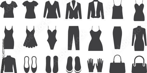 Clothing Icon Set, Fashion Silhouettes, Shirt Dress Jacket Shoes Handbag Apparel Accessories Wardrobe Vector Illustration