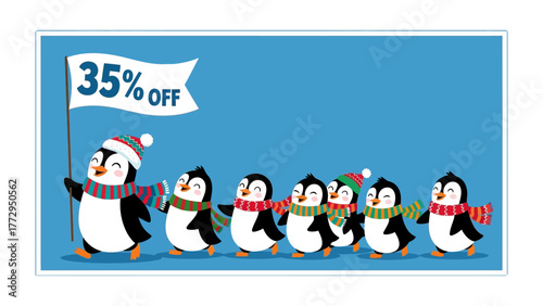 Penguins' Winter Offer: A charming illustration depicts a procession of adorable penguins, marching together and announcing a 35% discount offer. The scene radiates warmth and festive cheer.