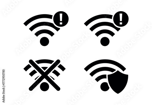 Four distinct icons representing Wi-Fi connectivity status: warning, no signal, and secure connection.