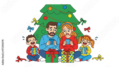 Disappointed Christmas Family: A family gathered around the Christmas tree, seemingly disappointed with their gifts, expressing a range of negative emotions.