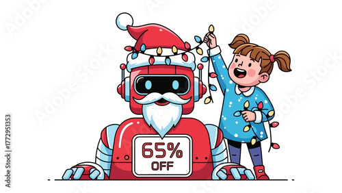 Festive Assemblage: A cheerful young girl decorates a robot with holiday lights. They are both dressed for the season. A banner with the offer of 65% OFF is also included in this illustration.