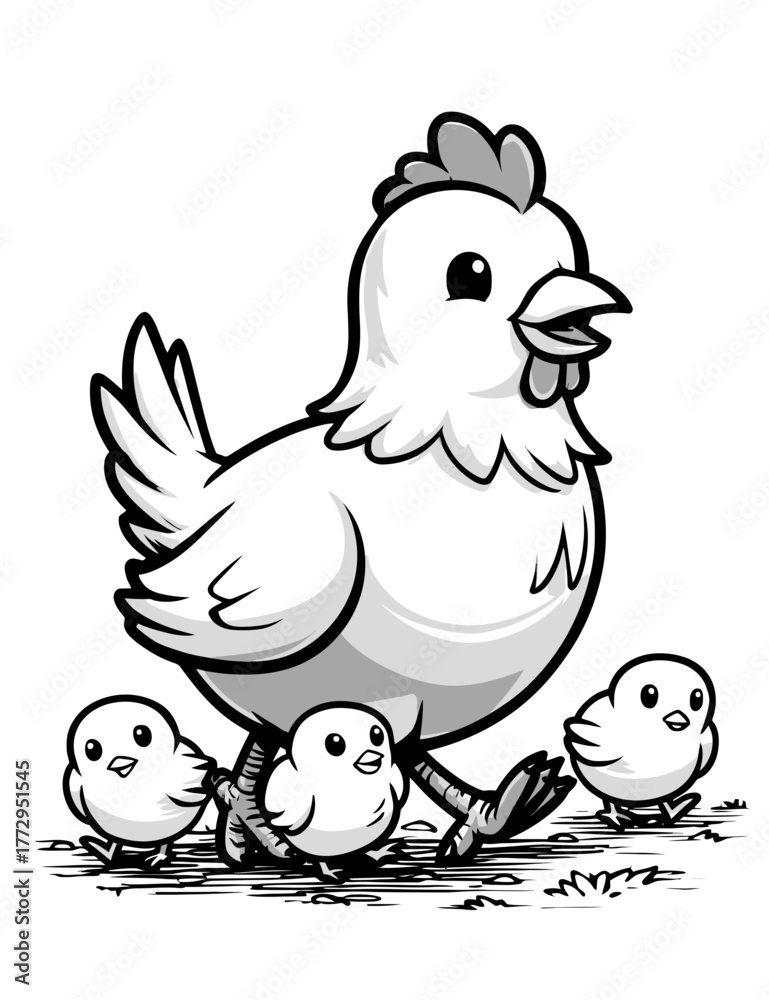 Fototapeta premium Cute Hen With Chicks Hand Drawn Style