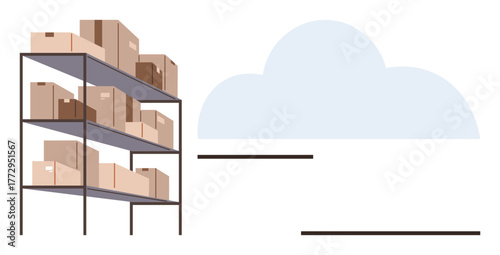 Metal shelving units stacked with cardboard boxes beside a symbolic cloud, representing storage, organization, and logistics. Ideal for data storage, e-commerce, cloud computing, supply chain