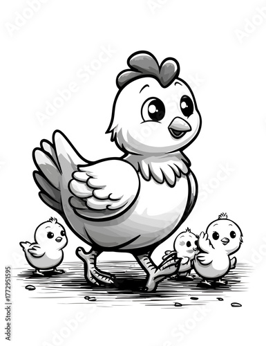 Cute Hen With Chicks Monochrome Vector Illustration