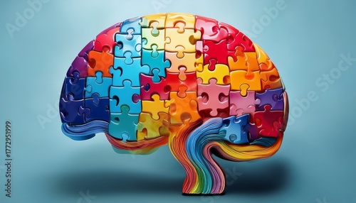 colorful puzzle pieces forming a brain representing intelligence problem solving and cognitive functions background removed