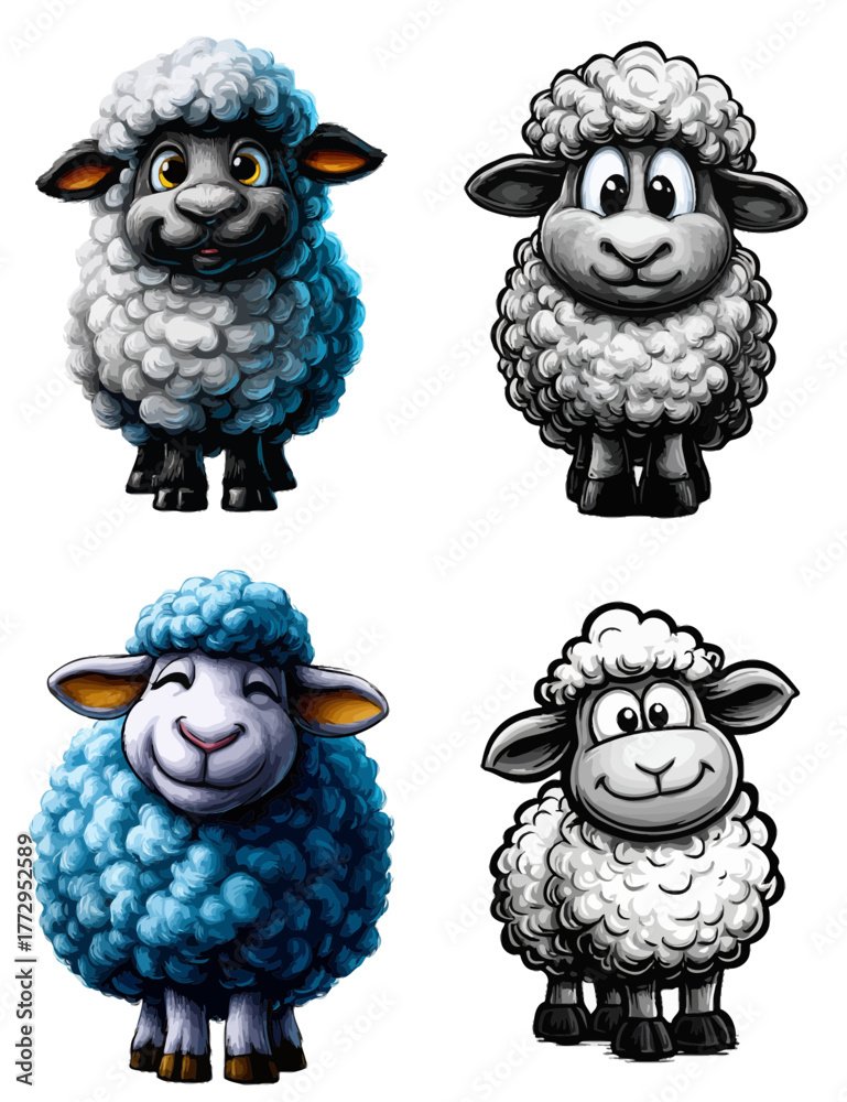 Fototapeta premium Cute Cartoon Sheep Set In Blue And