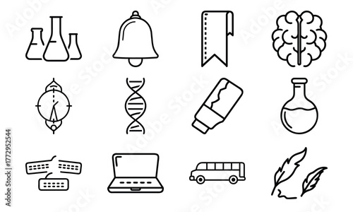 Education and science outline icon set with brain, DNA, laboratory flask, laptop, stopwatch, school bus, quill pen, and bell symbol isolated on white background