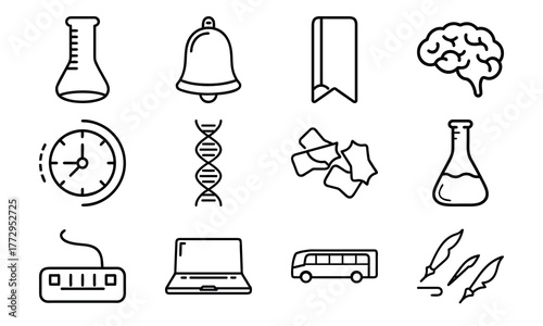 Education and science outline icon set with brain, DNA, laboratory flask, laptop, stopwatch, school bus, quill pen, and bell symbol isolated on white background