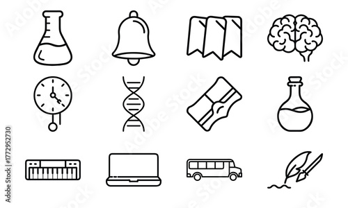 Education and science outline icon set with brain, DNA, laboratory flask, laptop, stopwatch, school bus, quill pen, and bell symbol isolated on white background