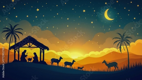 Gentle, peaceful nativity scene in stylized paper-cut art style, soft warm tones, starry sky, stable silhouette, respectful holiday design.