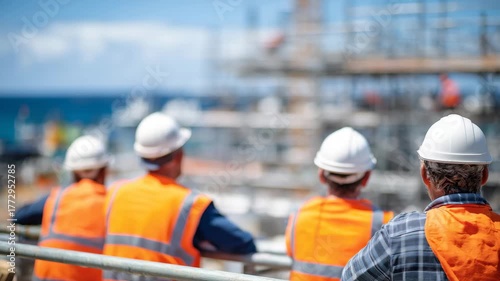 Workers leaning on scaffolding pipes during break, reflective vests and hard hats on, distant building structure blurred, empty space for copy