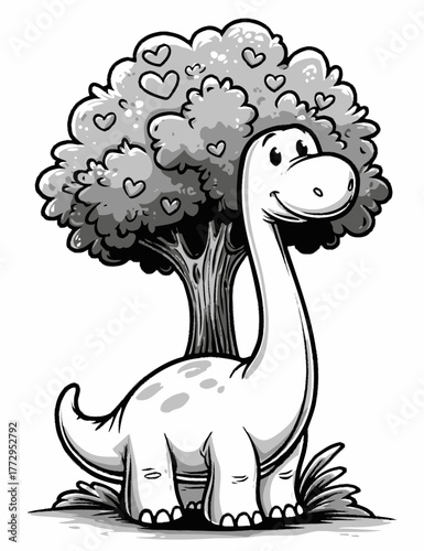Cute Brachiosaurus Dinosaur With Heart Shaped Leaves