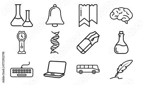 Education and science outline icon set with brain, DNA, laboratory flask, laptop, stopwatch, school bus, quill pen, and bell symbol isolated on white background