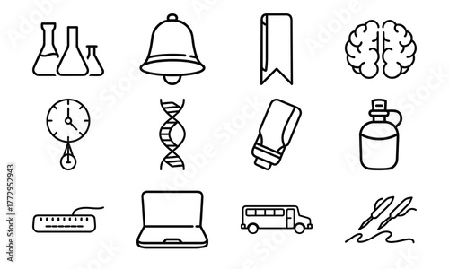 Education and science outline icon set with brain, DNA, laboratory flask, laptop, stopwatch, school bus, quill pen, and bell symbol isolated on white background
