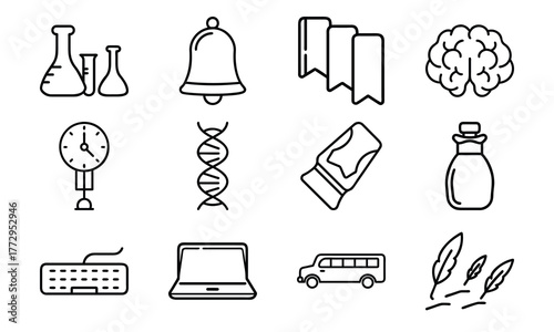 Education and science outline icon set with brain, DNA, laboratory flask, laptop, stopwatch, school bus, quill pen, and bell symbol isolated on white background