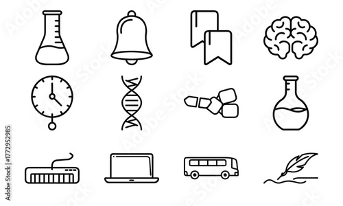 Education and science outline icon set with brain, DNA, laboratory flask, laptop, stopwatch, school bus, quill pen, and bell symbol isolated on white background
