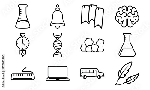 Education and science outline icon set with brain, DNA, laboratory flask, laptop, stopwatch, school bus, quill pen, and bell symbol isolated on white background