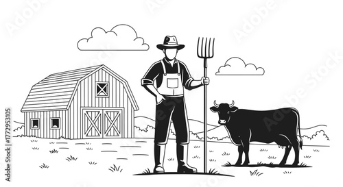 Farm Scene: A farmer stands proudly beside his cow with the barn in the background.