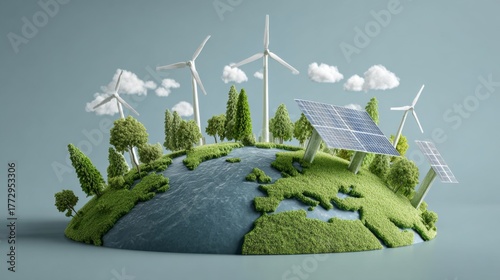 Green planet with renewable energy sources, wind turbines, solar panels, water body, trees, and soft clouds in a serene natural landscape setting