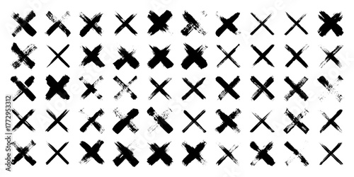 Grunge crosses, brush strokes, x mark, lines, ink smudges, hand-drawn scribble shapes. Handmade sketchy marks, acrylic stains, charcoal streaks. Paint textures, dry brush effect. Vector illustration