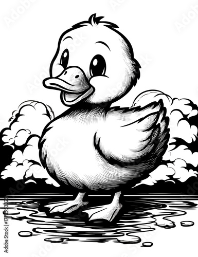 Cute Cartoon Duckling Walking In Water Black