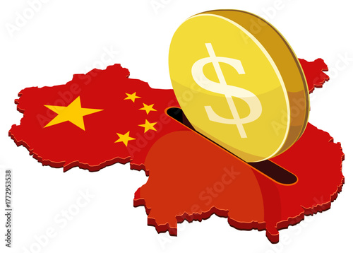 Dollar coin being inserted into a slot on the China map (flag colors). Concept for foreign investment, trade, or finance in Asia. (cut out)