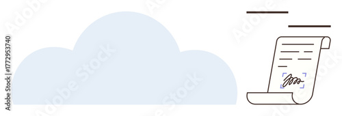 Digital signature on rolled paper document linked to a cloud, representing online storage, data security, and digital transactions. Ideal for technology, legal agreements, innovation, business