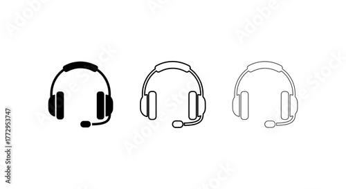 Three stylized line art illustrations of headphones with microphones