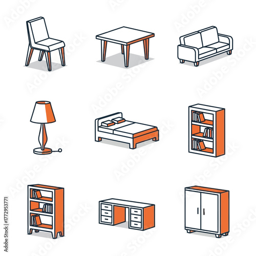 Modern Furniture Set Illustration: A comprehensive collection of modern furniture items, each rendered with clean lines, and simple style, offering a sleek, contemporary aesthetic.