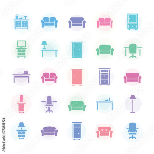 Interior Icons: A vibrant assortment of furniture icons, perfect for representing a diverse range of interior design elements, from comfortable sofas to functional desks and elegant lamps.