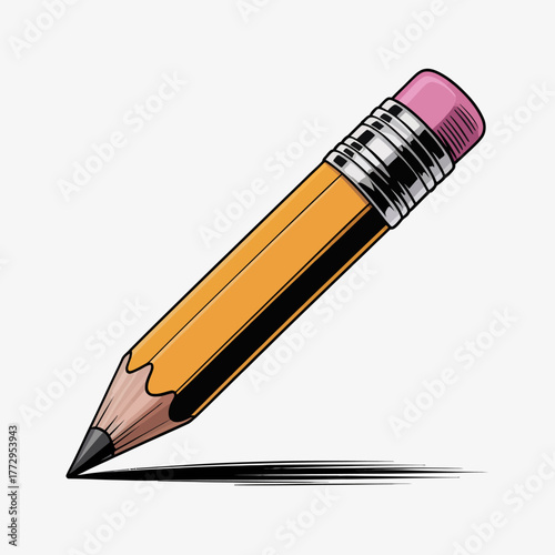A yellow pencil with a pink eraser and a graphite tip rests on a white background.