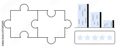 Two puzzle pieces, bar chart, and a row of five stars. Ideal for teamwork, strategy, analysis, progress, quality rating problem-solving. Represents a simple flat metaphor