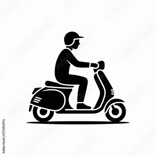Person riding a scooter with a helmet on a white background.