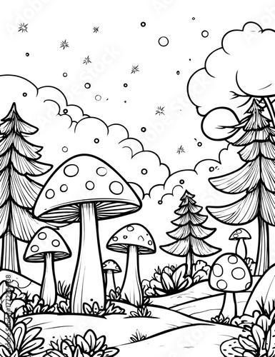 Enchanted Forest Scene With Mushrooms And Pine