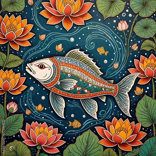 vector illustration of fish in colourful floral background